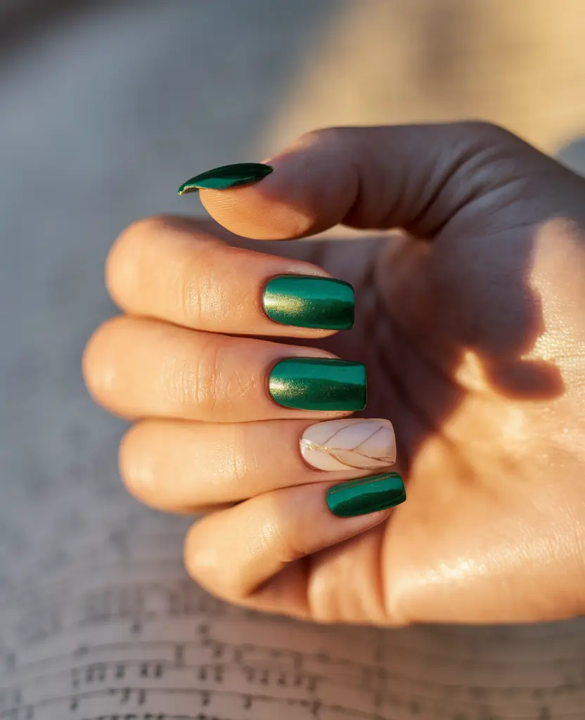 fall green nails 2025 Golden Leaf Accent