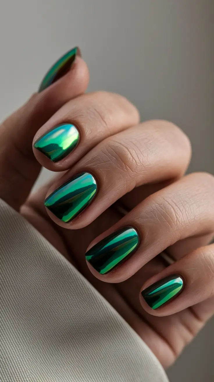 fall green nails 2025 Mirror Chrome Shine