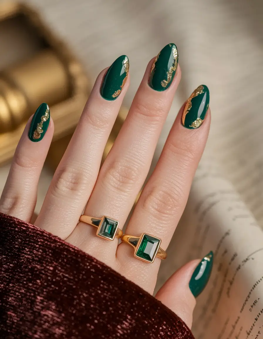 fall green nails 2025 Emerald Luxe with Gold Foil