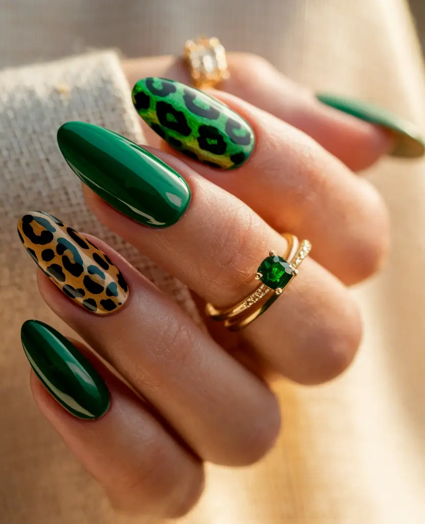 fall green nails 2025 Leopard Glam Meets Emerald