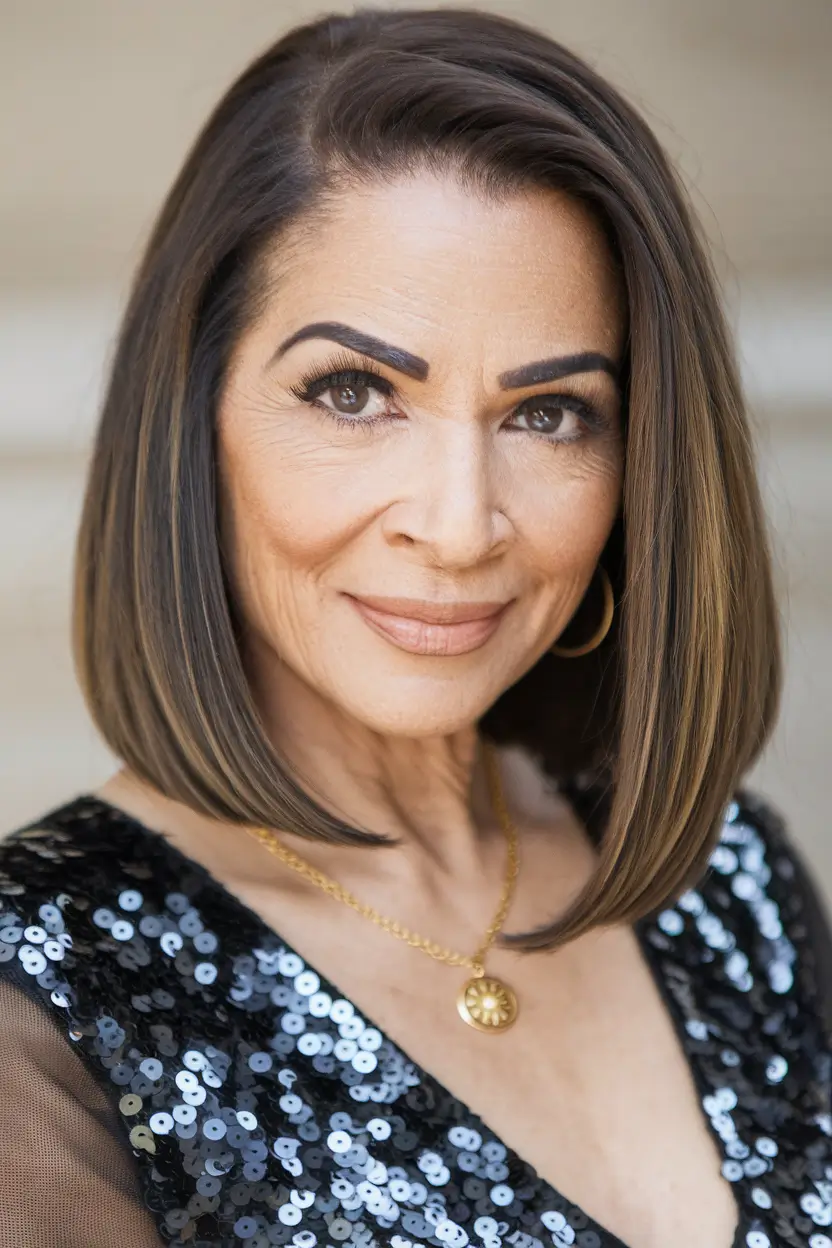fall hairstyles women over 50 Chic Angled Long Bob with Subtle Highlights