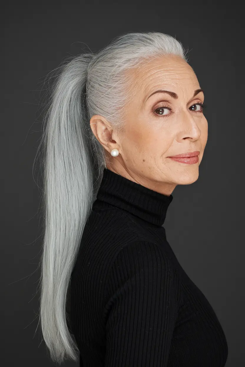 fall hairstyles women over 50 Sleek Long Ponytail