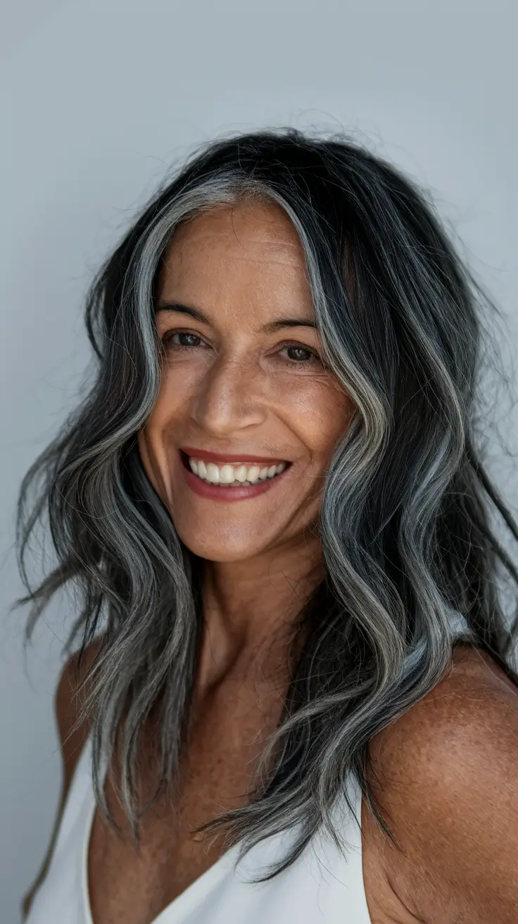 fall hairstyles women over 50 Long Wavy Layers with Natural Gray
