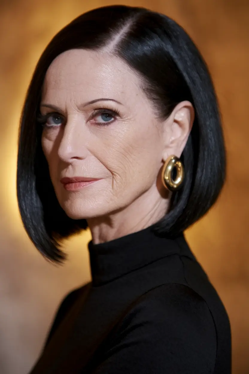 fall hairstyles women over 50 Glossy Sleek Medium Bob with Side Part