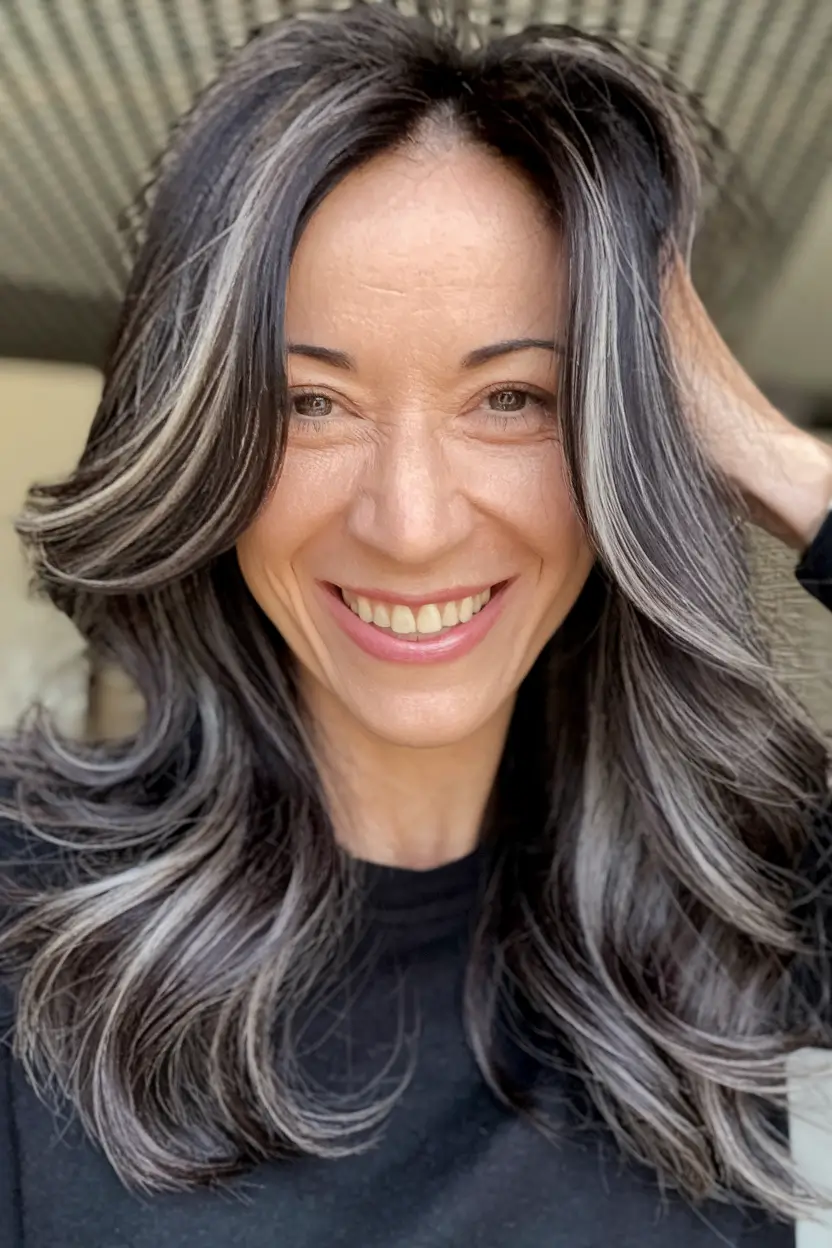 fall hairstyles women over 50 Face-Framing Layers with Silver Highlights