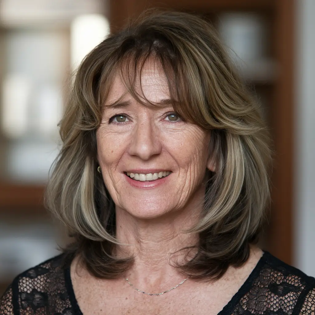 fall hairstyles women over 50 Feathered Layers with Soft Bangs
