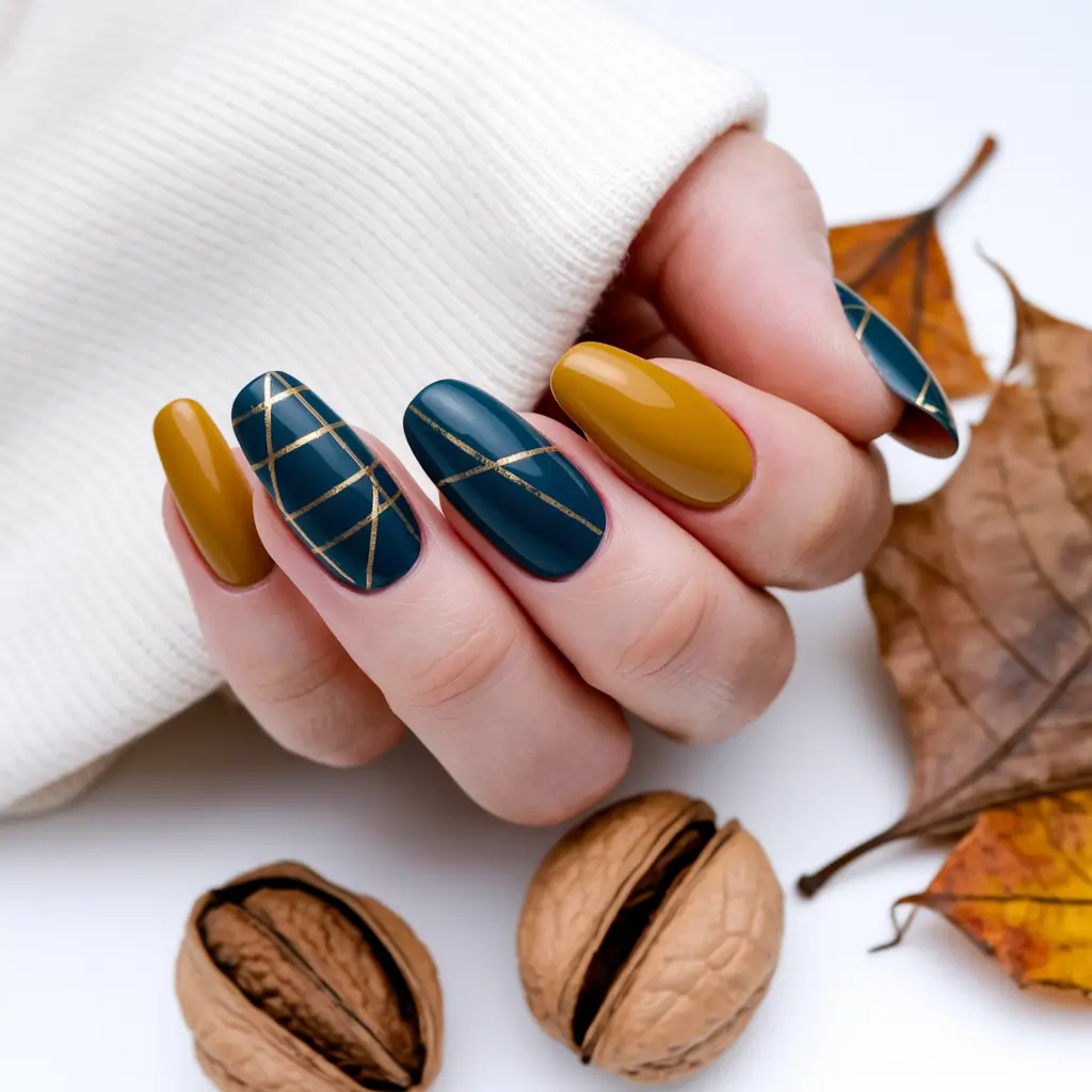 fall manicure 2025 Golden Lines on Teal and Mustard