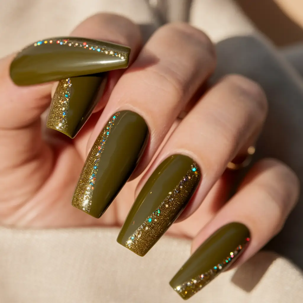 fall manicure 2025 Olive Green with Glitter Stripes