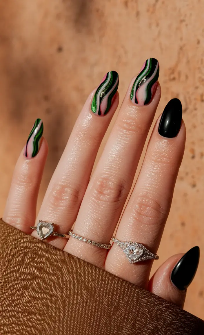 fall manicure 2025 Abstract Swirls in Pink and Green