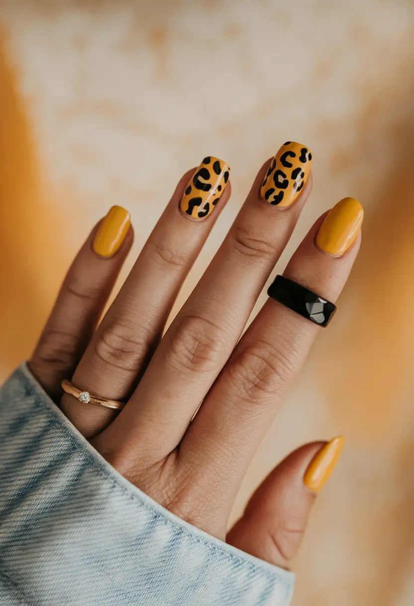 fall manicure 2025 Golden Leopard Print on Yellow