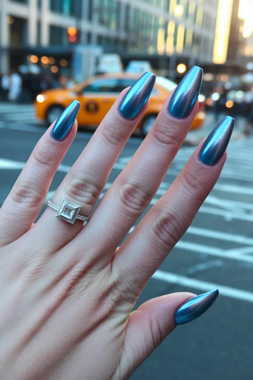 fall manicure 2025 Blue Chrome Shine