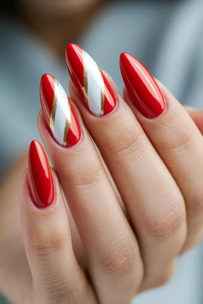 fall manicure 2025 Classic Red with White and Gold Stripes