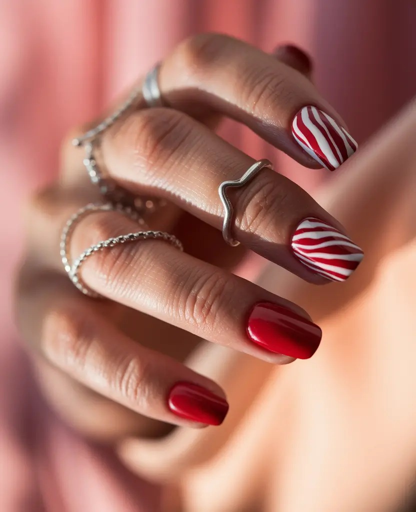 fall manicure 2025 Red Candy Stripe Accent