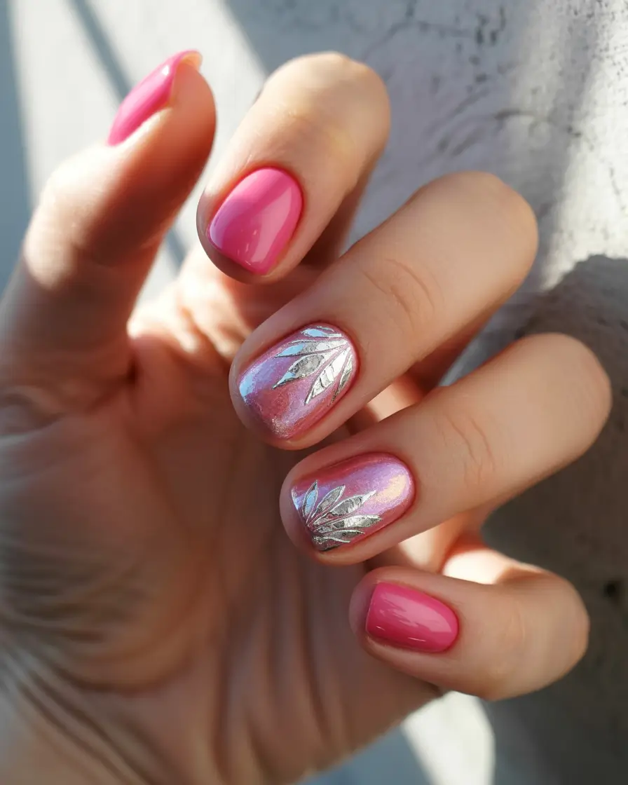 fall manicure 2025 Shimmer Pink with Silver Leaf