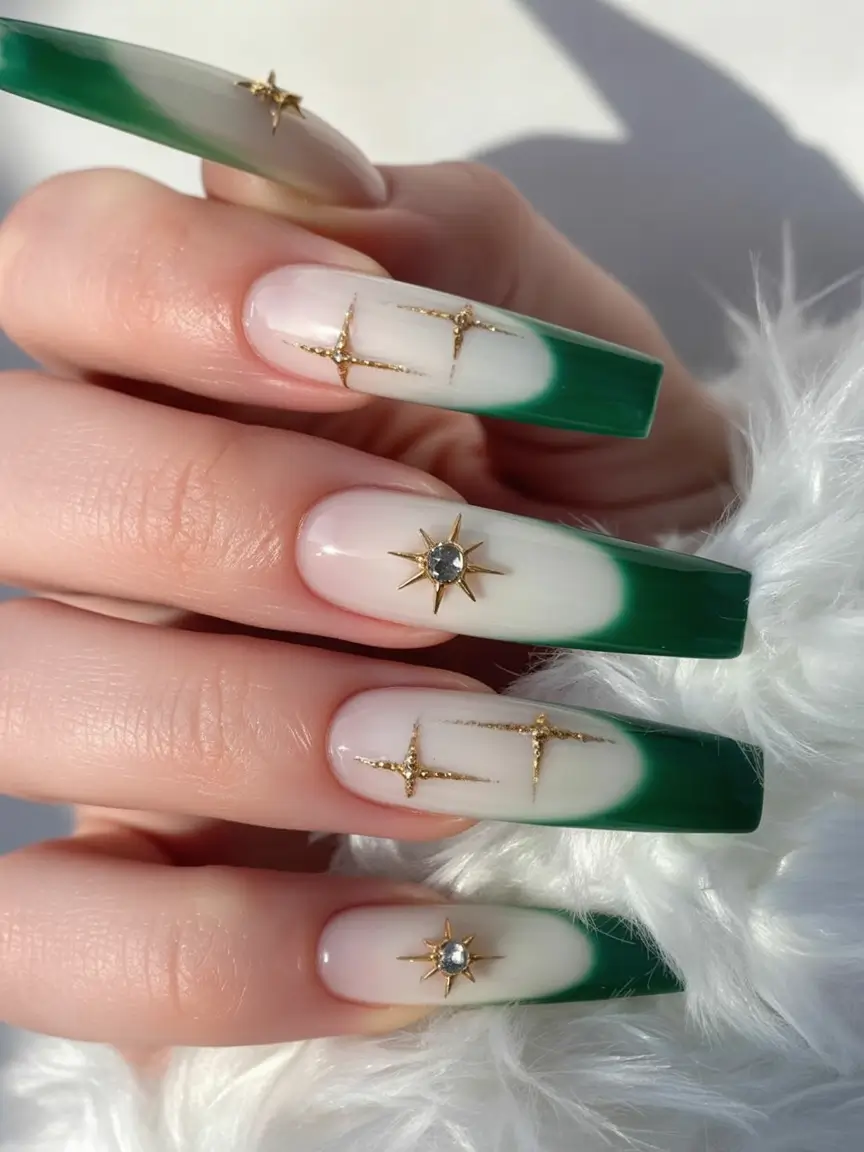 fall manicure 2025 Emerald French with Golden Stars