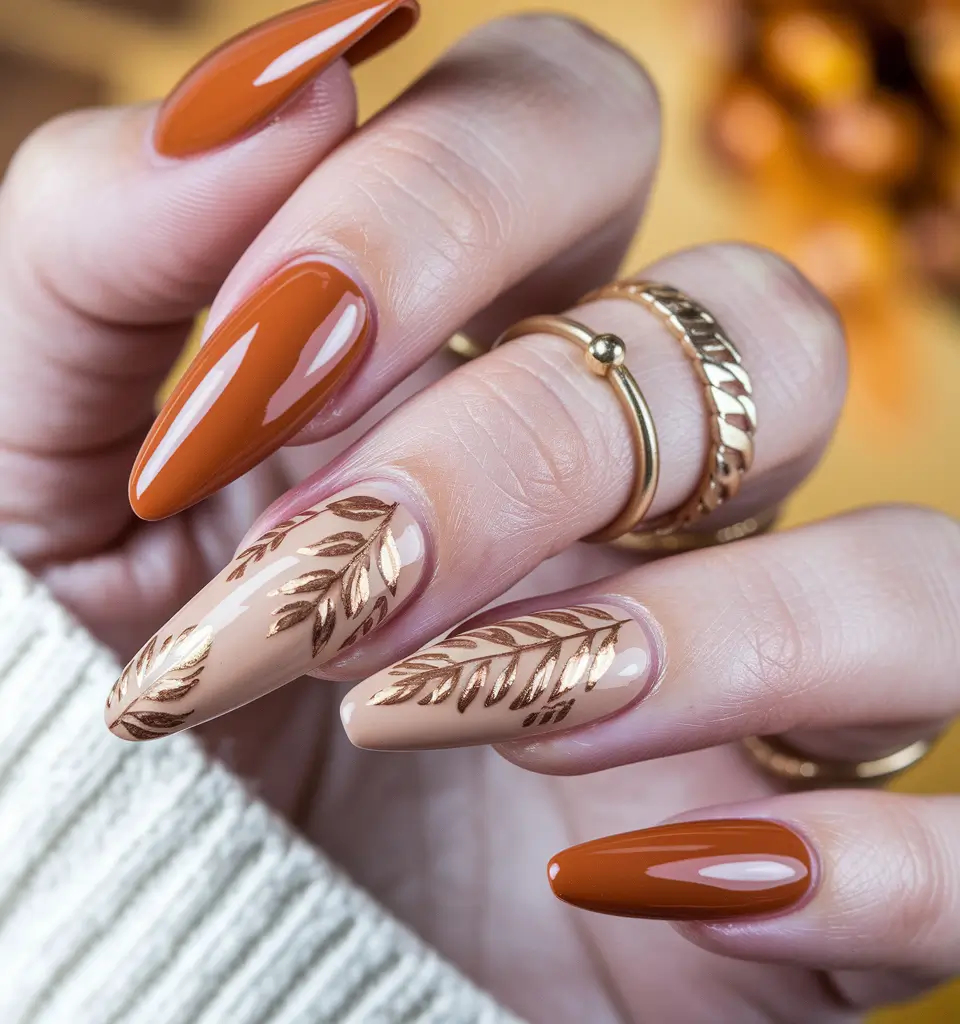 fall manicure 2025 Terracotta and Neutral with Bronze Leaf