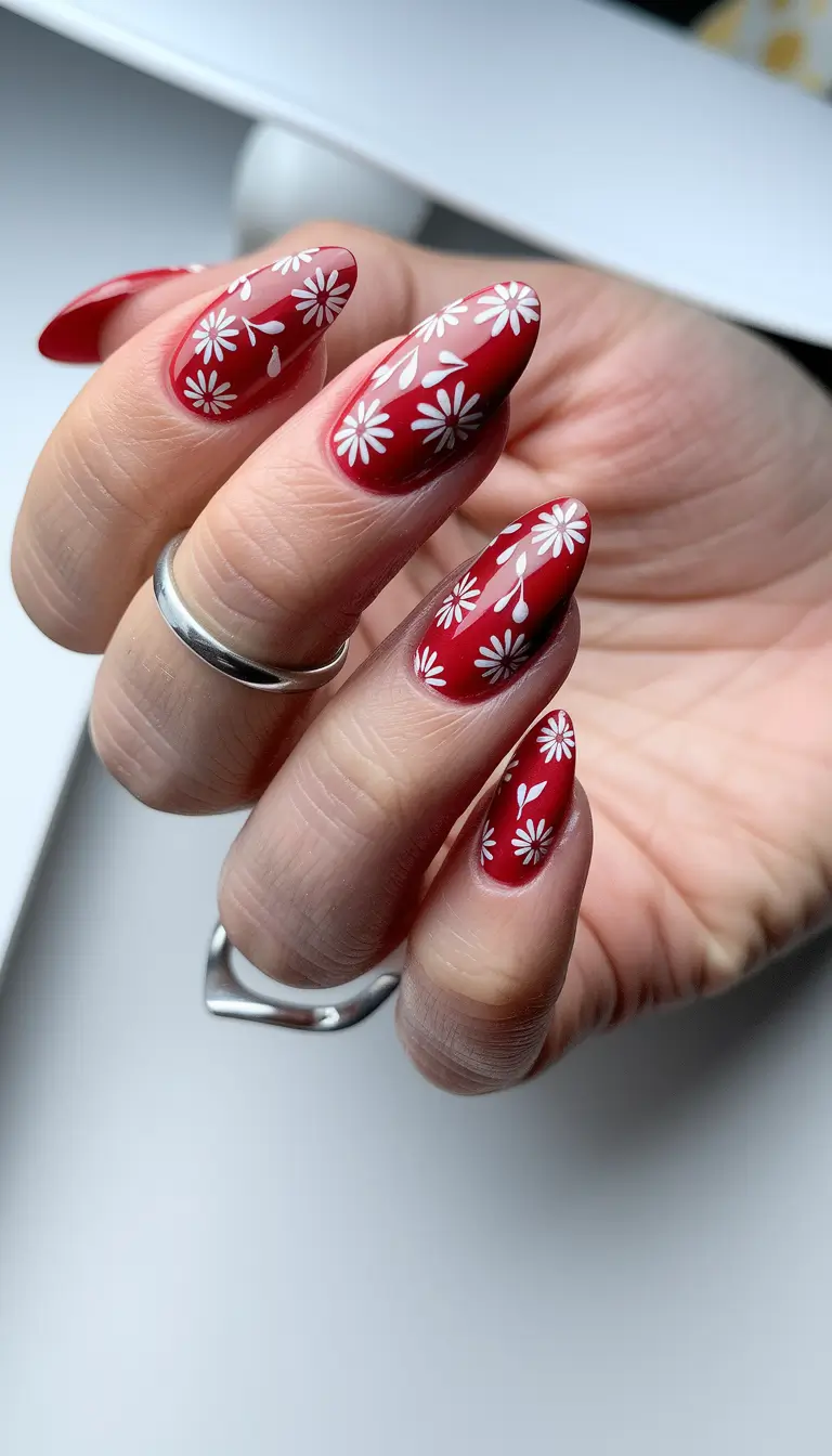 fall manicure 2025 Bold Red with Daisy Accents