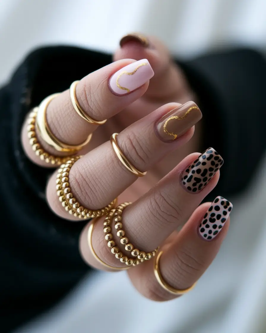 fall manicure 2025 Animal Print with Gold Accents