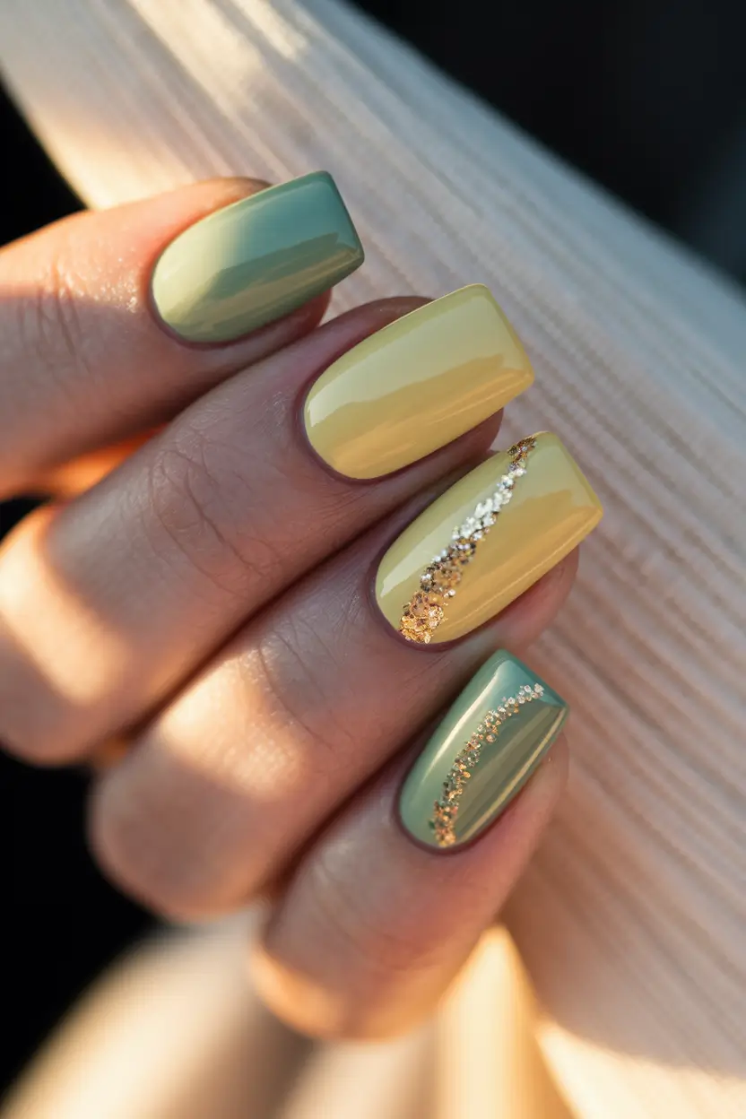 fall manicure 2025 Olive and Chartreuse Duo with Glitter