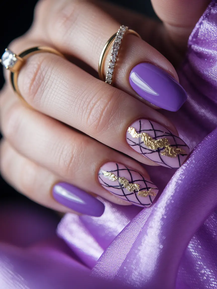 fall manicure 2025 Lavender Luxe with Gold Foil