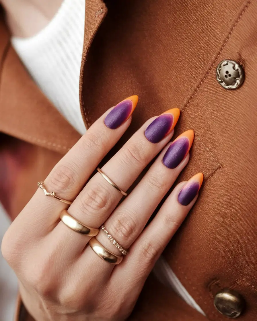 fall manicure 2025 Purple and Sunset Orange French