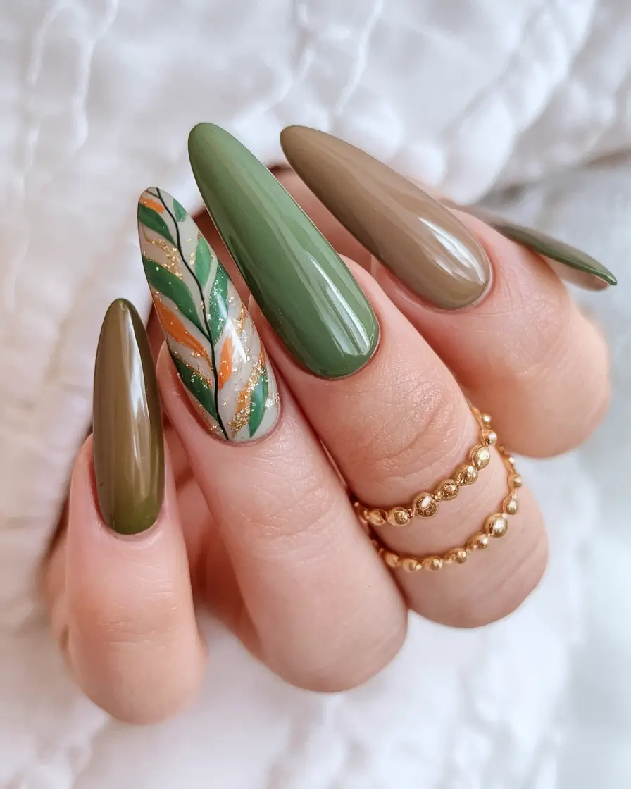 fall manicure 2025 Earthy Green and Brown Mix