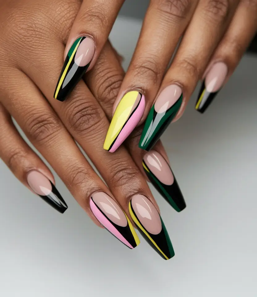 Fall Nail Colors for Brown Skin 2025 - Color Block Almond in Pistachio Pink and Jet