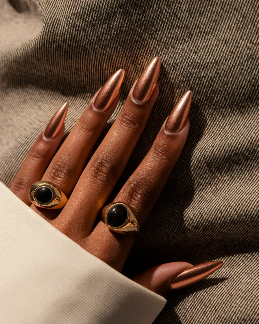 Fall Nail Colors for Brown Skin 2025 – Penny Copper Chrome Almond