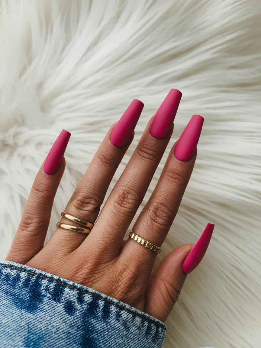 Fall Nail Colors for Brown Skin 2025 – Hot Raspberry Matte Coffins