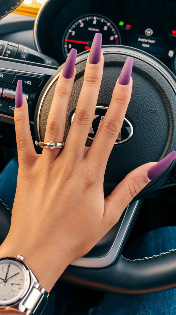 Fall Nail Colors for Brown Skin 2025 – Plum Fog Matte Coffins