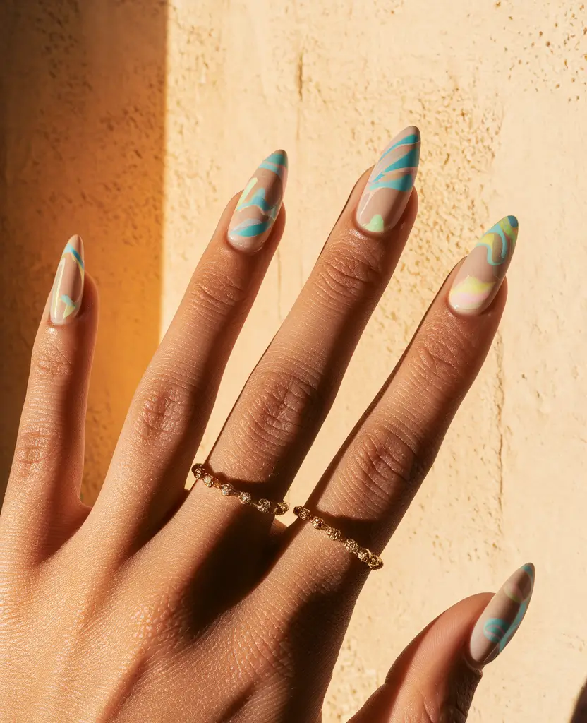 Fall Nail Colors for Brown Skin 2025 – Aqua-Lime Swirl Almond