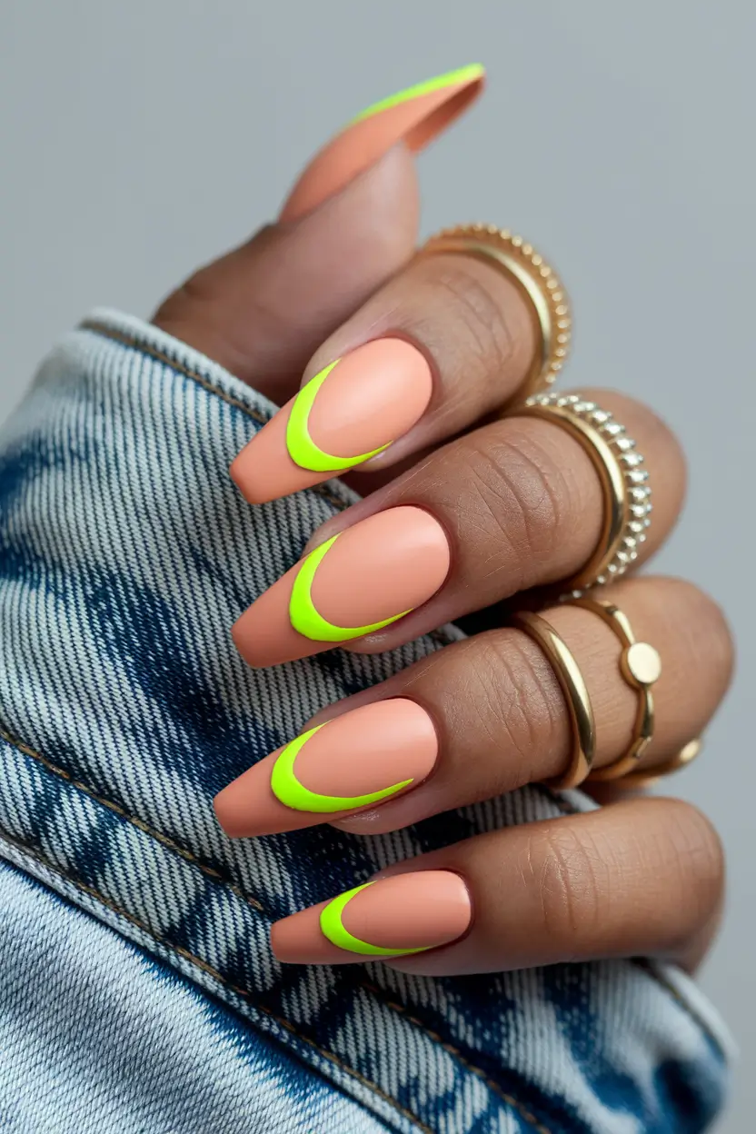 Fall Nail Colors for Brown Skin 2025 – Peach Matte Square with Neon Crescent French