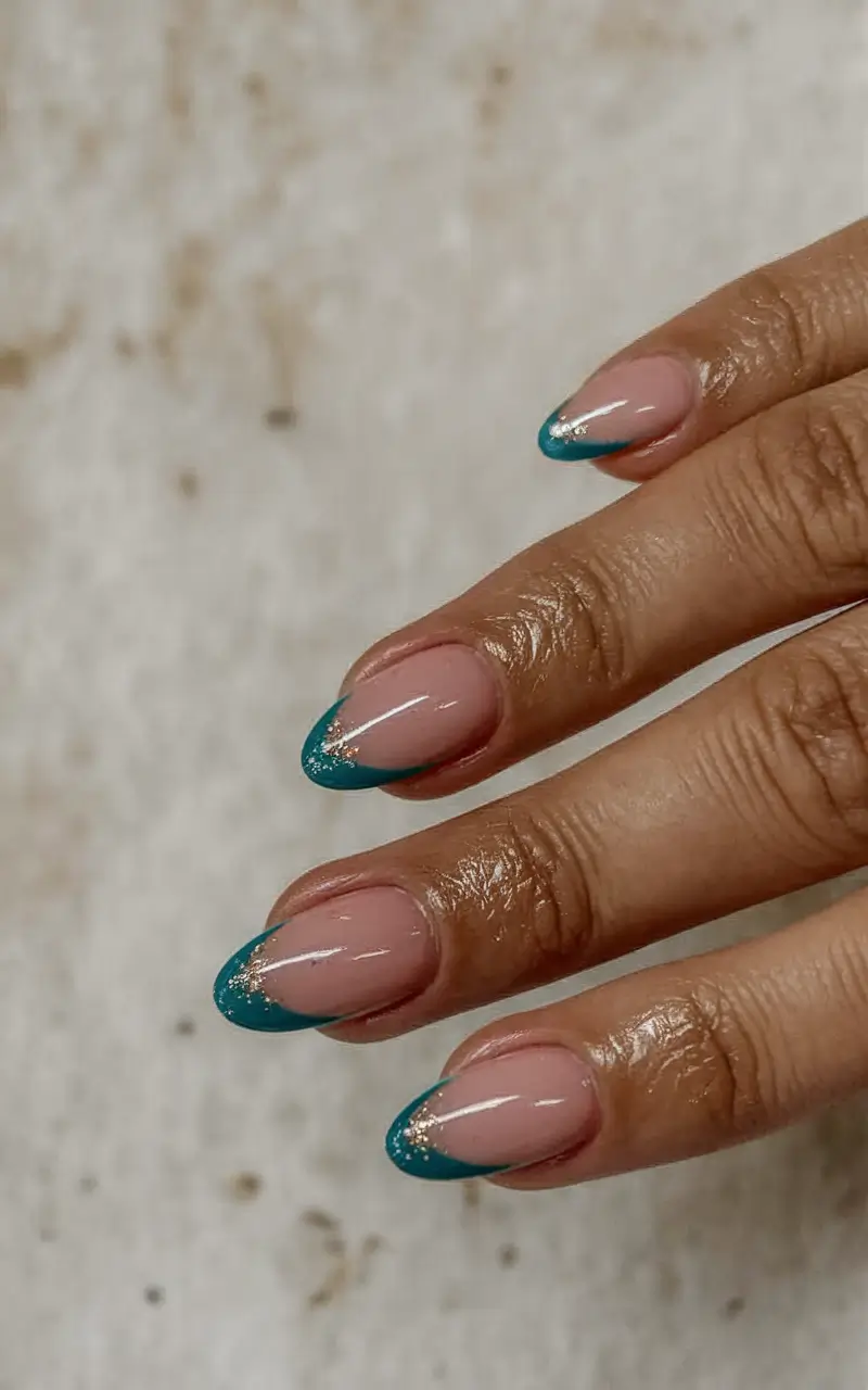 Fall Nail Colors for Brown Skin 2025 - Teal Spark French with Gold Dust