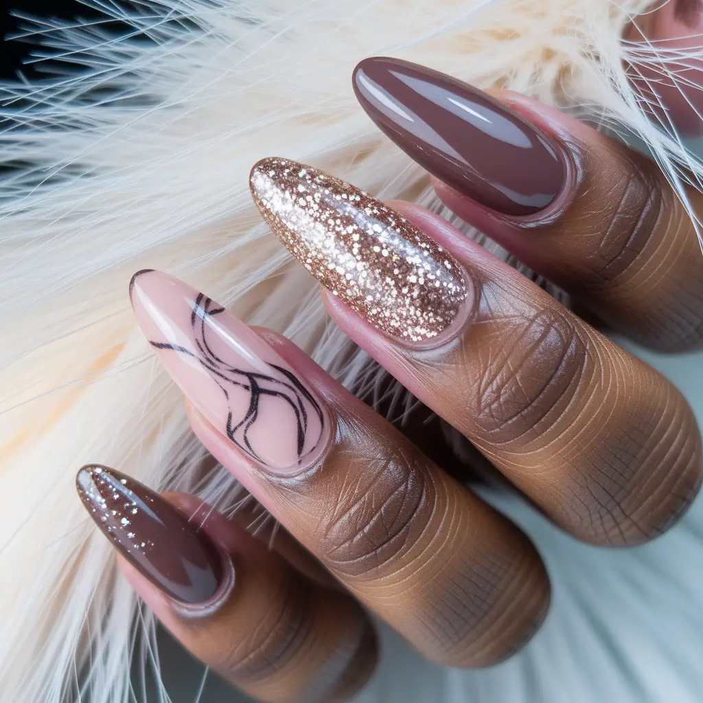 Fall Nail Colors for Brown Skin 2025 – Mocha & Champagne Almond Mix