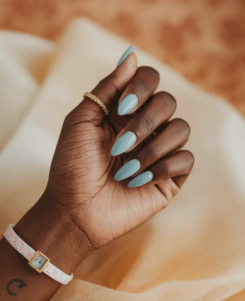 Fall Nail Colors for Brown Skin 2025 – Powder-Blue Frost Almond