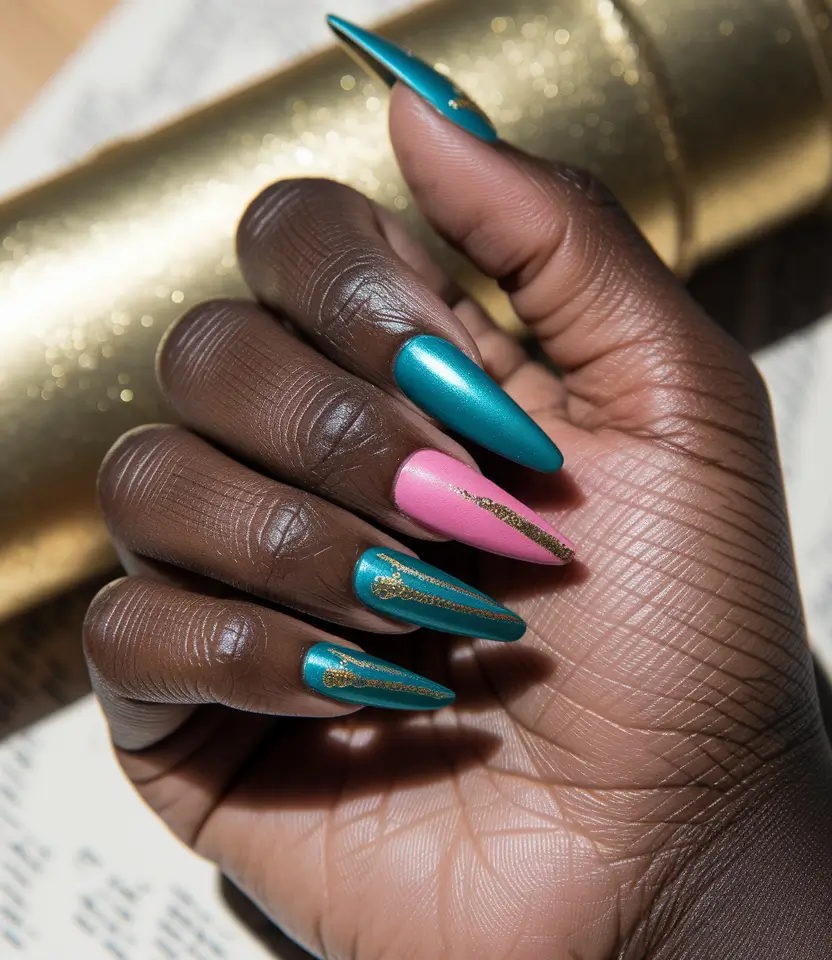 Fall nail colors for dark skin 2025 – Teal & Cotton-Candy Stiletto with Gold Comet Lines
