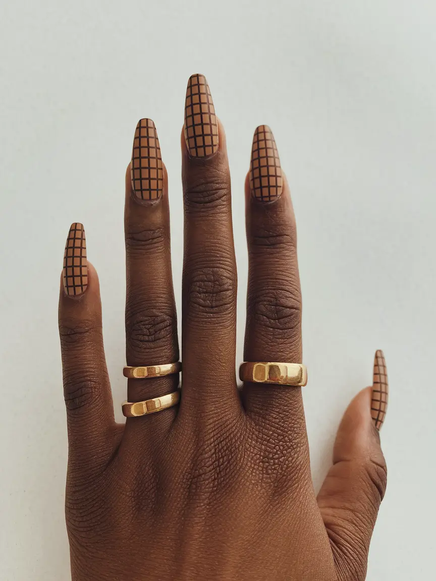 Fall nail colors for dark skin 2025 – Camel Matte Grid (Long Coffin-Square)