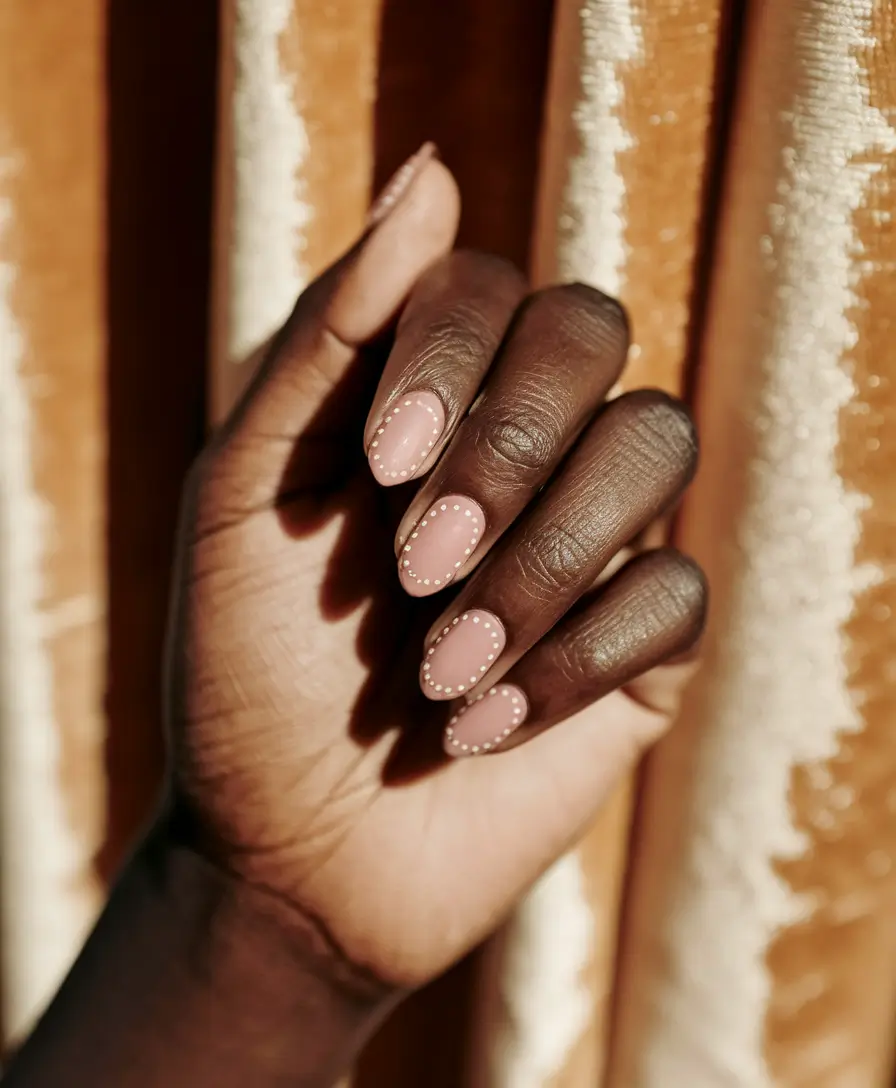 Fall nail colors for dark skin 2025 – Nude Sheer with Micro-Pearl Frame