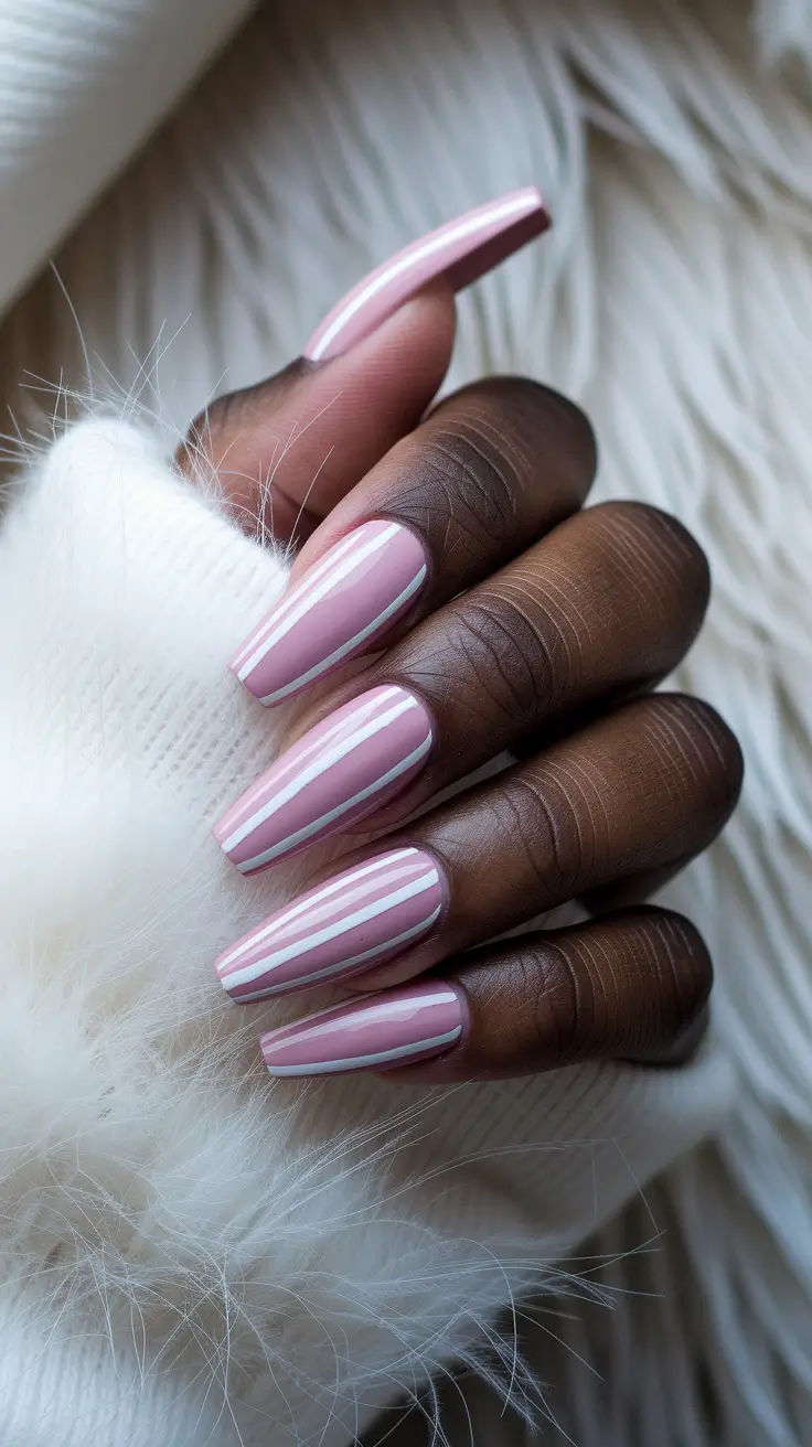 Fall nail colors for dark skin 2025 – Rose Milk Pinstripes (Long Coffin)