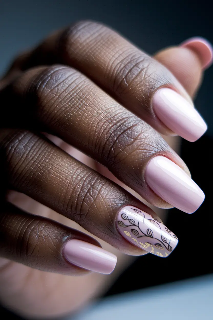 Fall nail colors for dark skin 2025 – Soft Ballet Pink with Botanical Accent (Short Square)