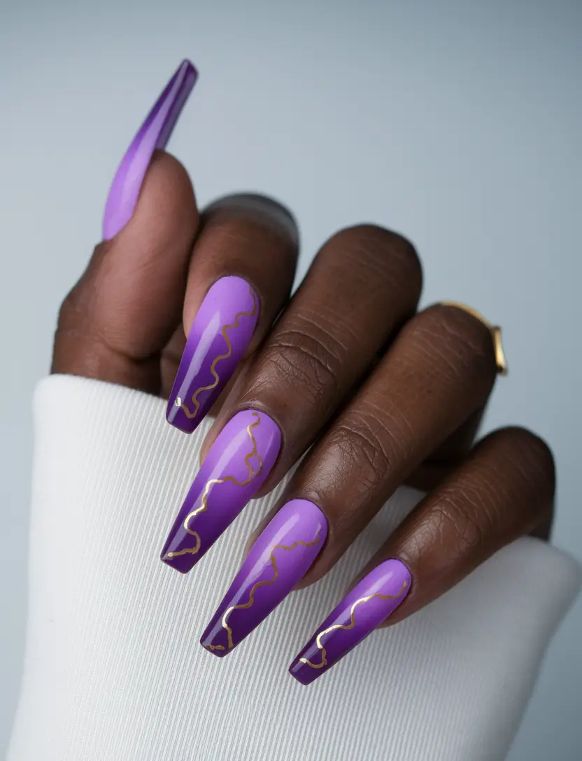Fall nail colors for dark skin 2025 – Two-Tone Orchid with Gold Veins (Long Coffin)