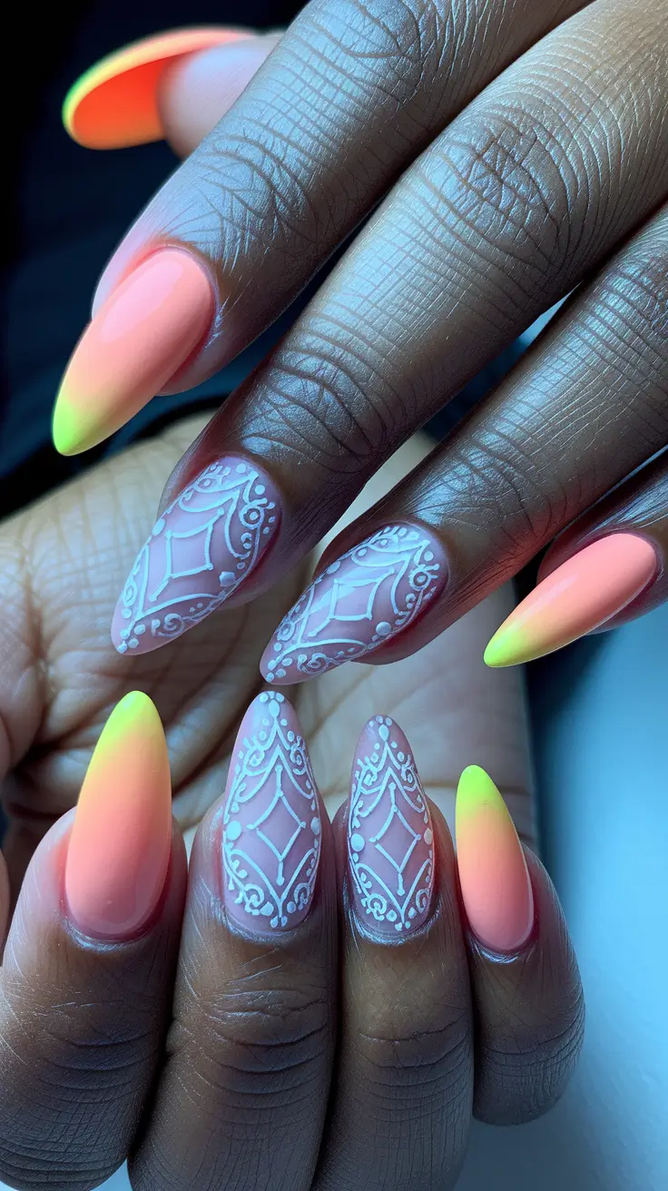 Fall nail colors for dark skin 2025 – Sunset Ombre with Lacework Accents