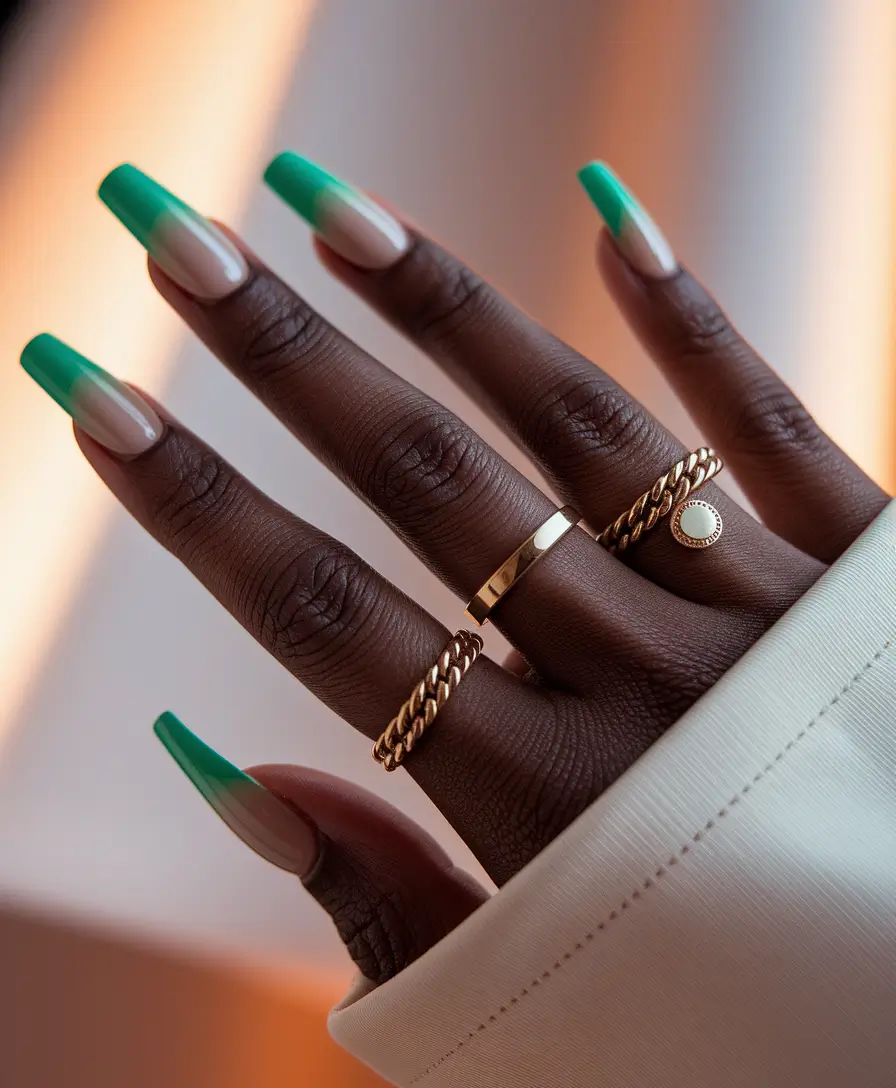 Fall nail colors for dark skin 2025 – Mint-Jade Ombre French (Long Square)