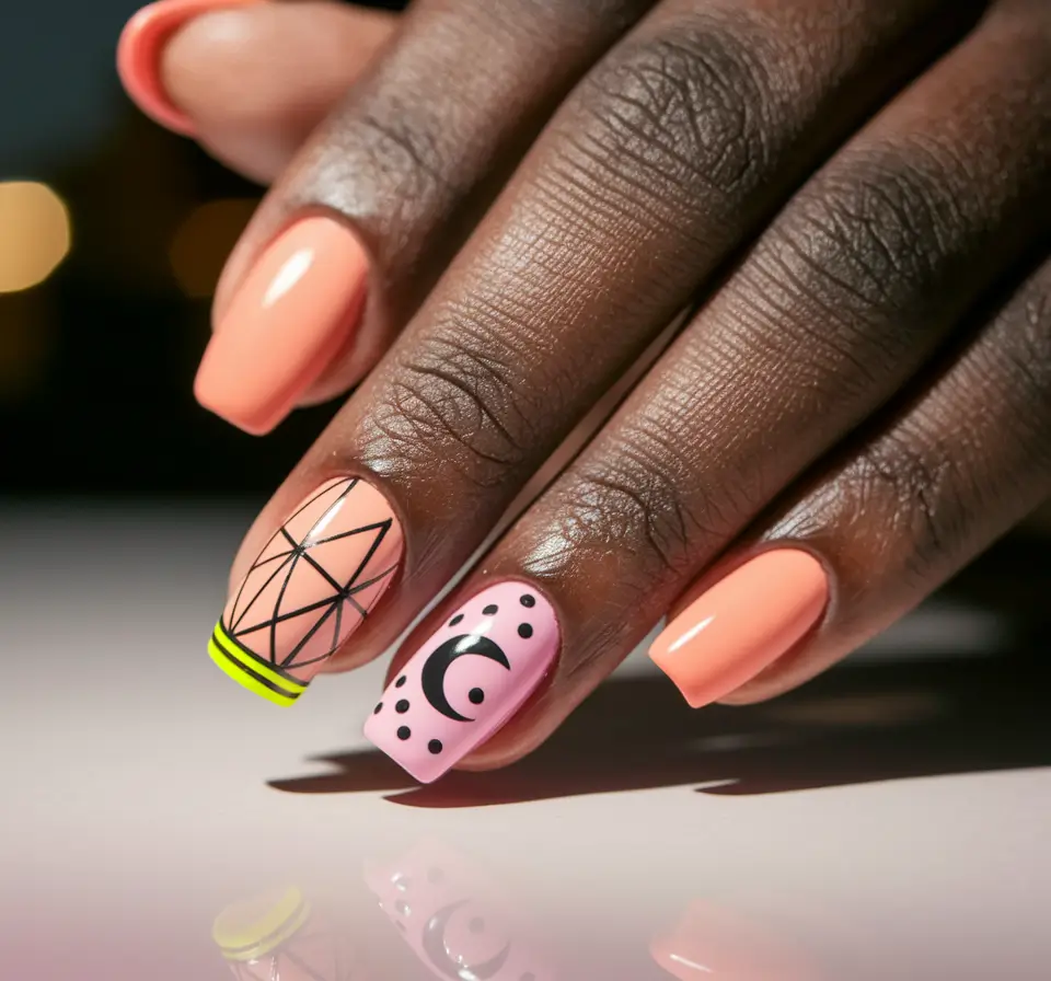 Fall nail colors for dark skin 2025 – Peach Pop with Graphic Moon & Neon Edge (Short Square)