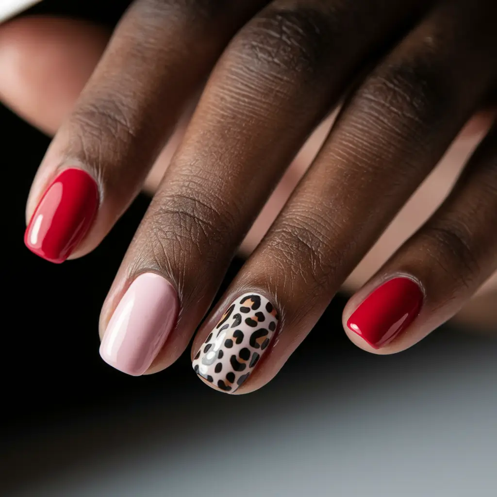 Fall nail colors for dark skin 2025 – Cherry Red & Soft Blush with Leopard Accent (Short)