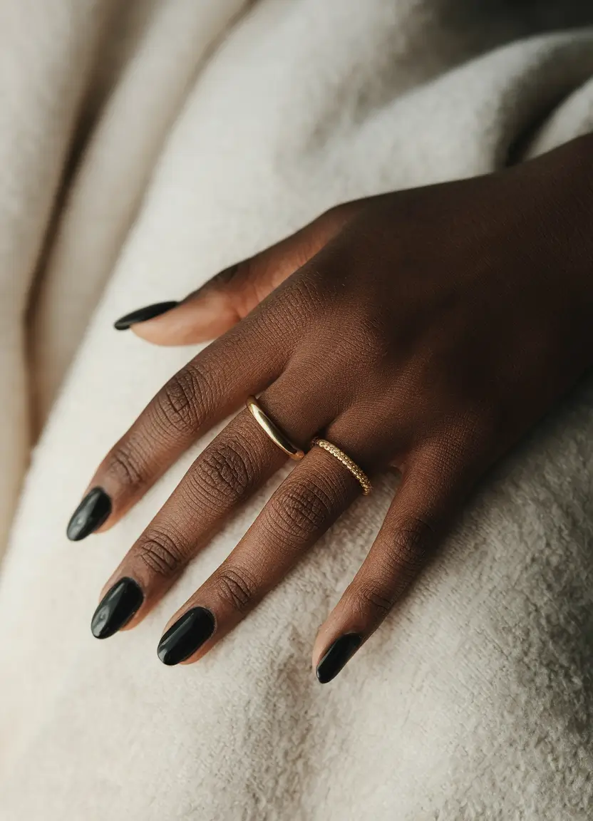 Fall nail colors for dark skin 2025 – Inky Minimal Black (Short Almond)