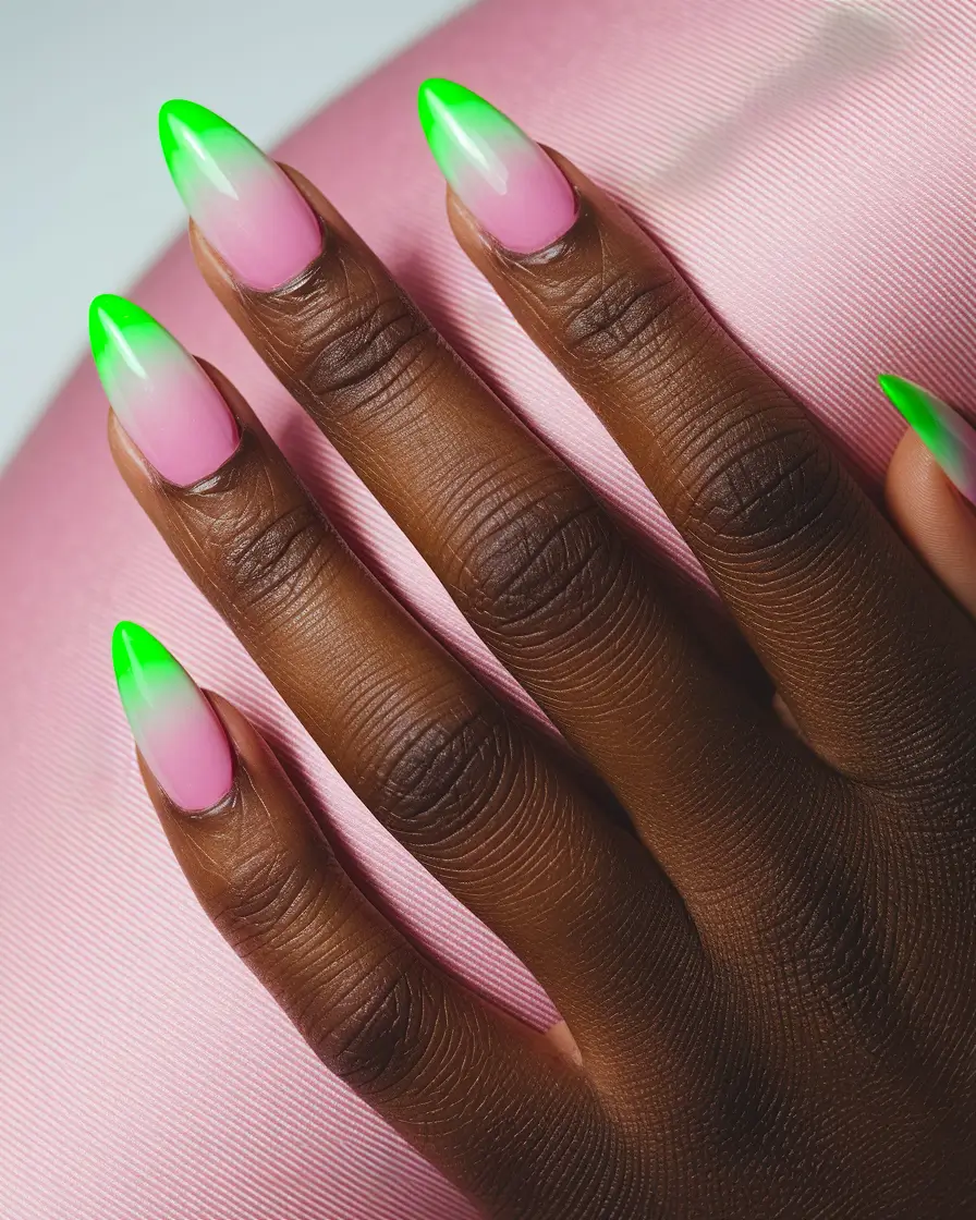 Fall nail colors for dark skin 2025 – Neon-Lime French on Pink Fade