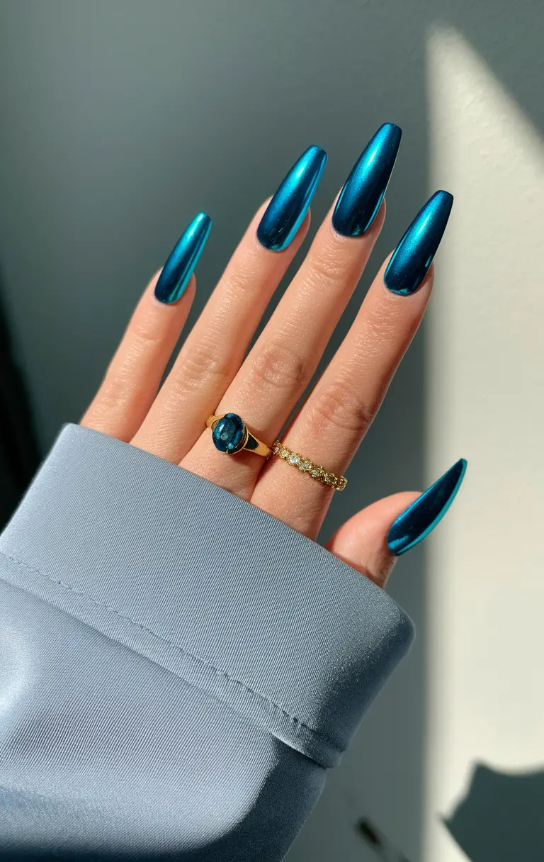 Fall nail colors for fair skin 2025 – Midnight Teal Chrome