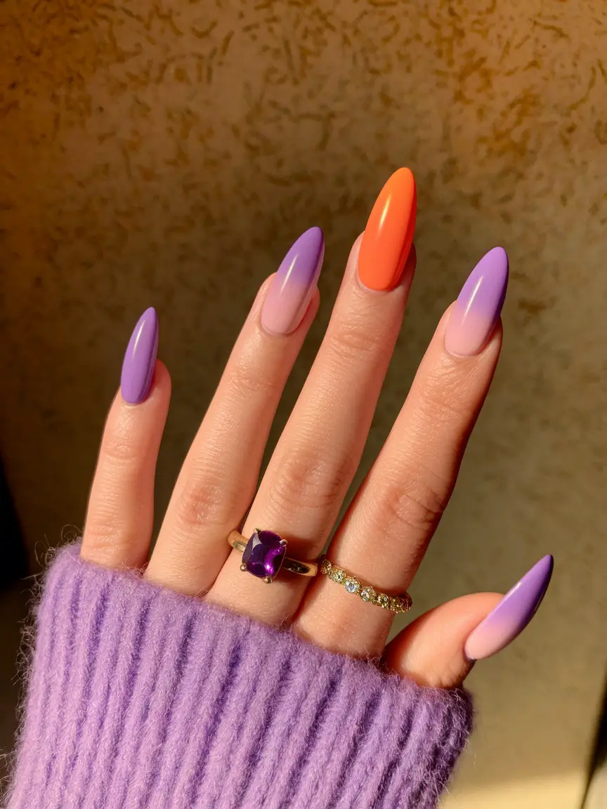 Fall nail colors for fair skin 2025 – Lavender Sunset + Tangerine Pop