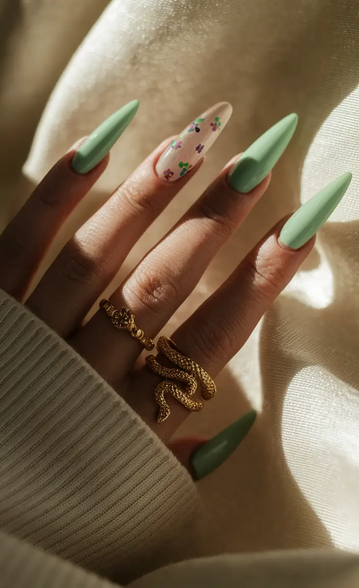 Fall nail colors for medium skin 2025 – Sage Matte with Jelly Floral Accent